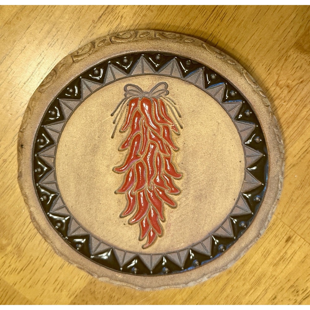 Handmade Chili Pepper Motif Ceramic Stone Wall Hanging/Trivet Signed By Artist
